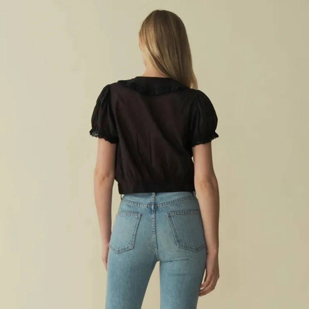 Doen Skylark Cotton Lace Collar Button Crop Short Puff Sleeve Blouse Top Black